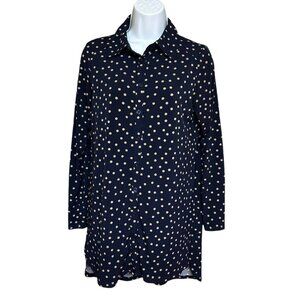 Nina Leonard Stretchy Button Front Blue Tan Polka Dot Long Line Top Size S